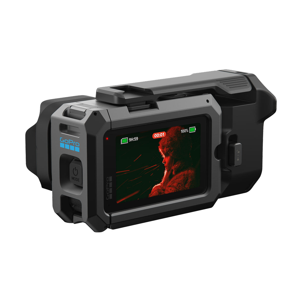 GoPro Point-and-Shoot Grip for Mission 1 — rear three quarter view of grip fitted with mission 1 camera view