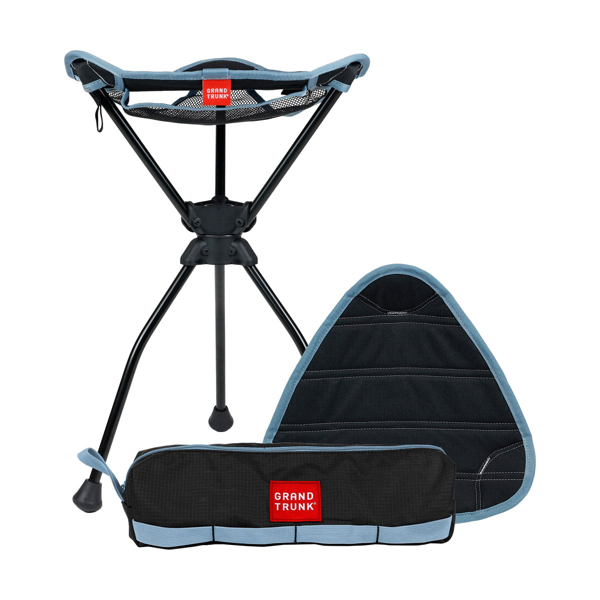 Grand Trunk Compass 360° Extra-Tall Swivel Stool (20", Black) — black stool with folded carry case view