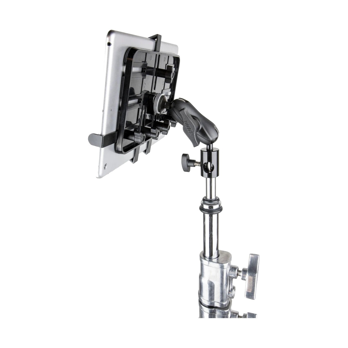 Kupo Super Knuckle Universal Tablet Holder — rear mounting view with tablet on stand view