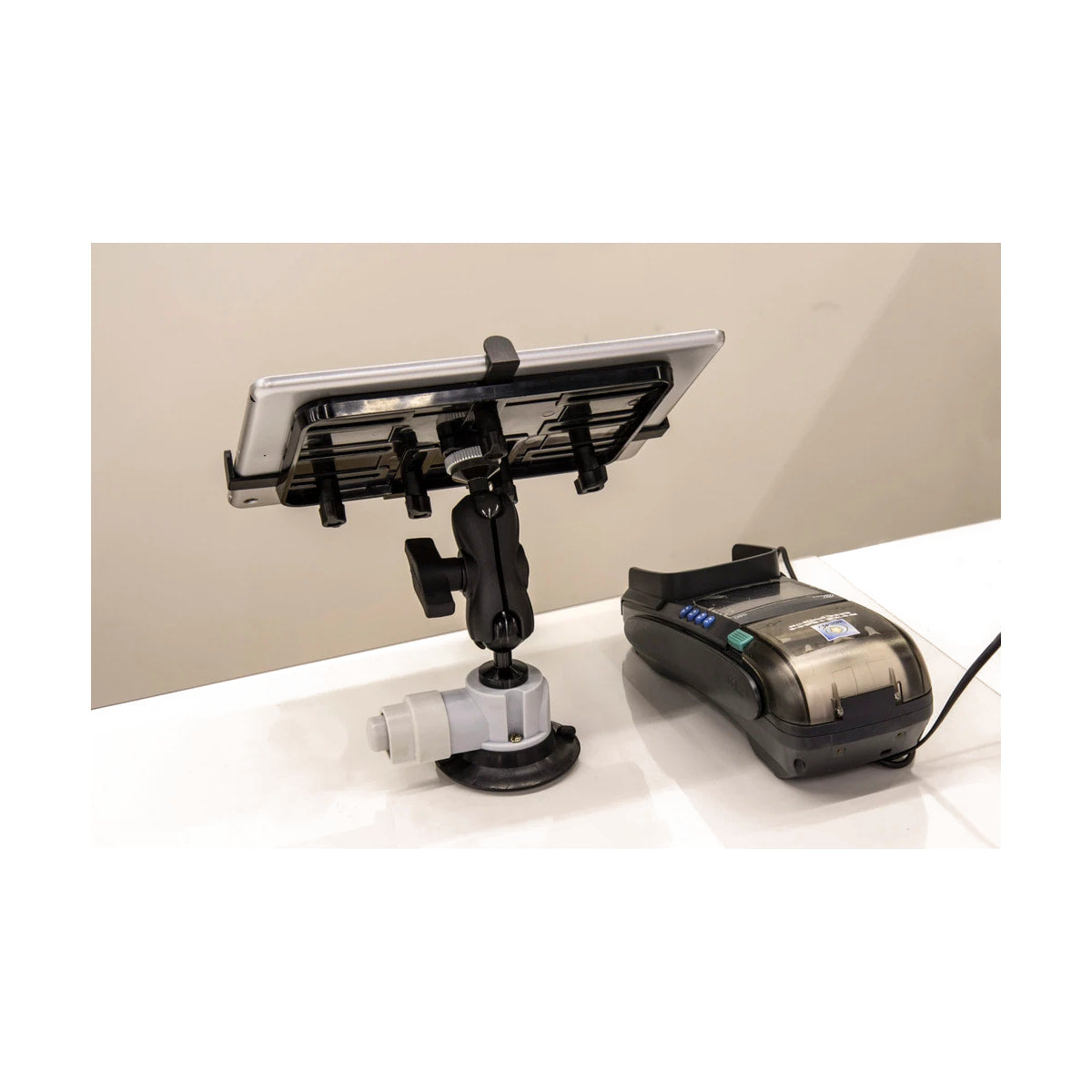 Kupo Super Knuckle Universal Tablet Holder — tablet holder on countertop mount view