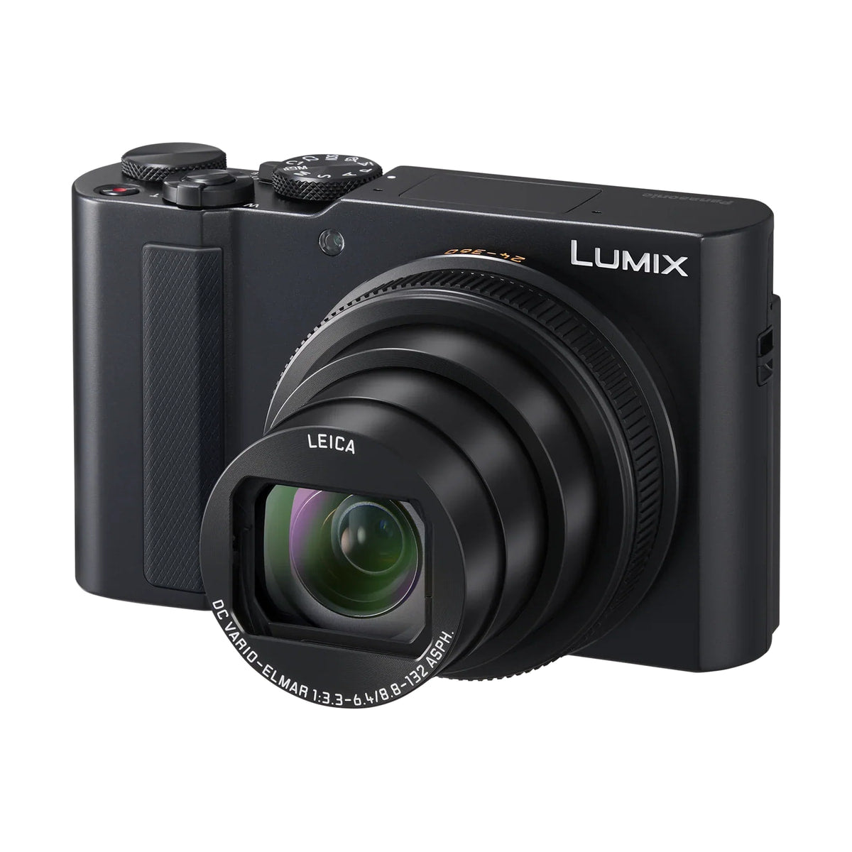 Panasonic Lumix DC-ZS300 Compact Digital Camera (Black) — black camera front three quarter view with lens extended view