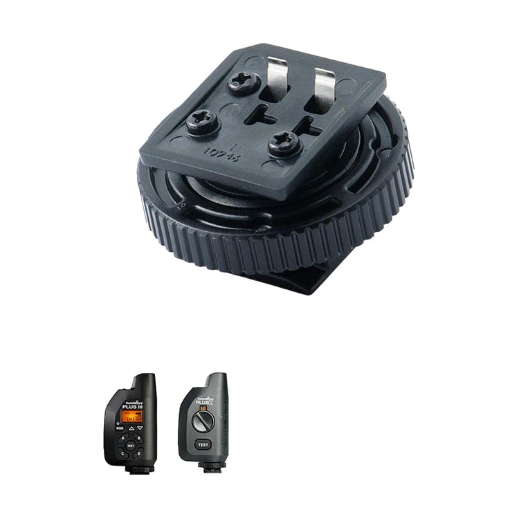 PocketWizard Replacement Hot Shoe Foot for Plus III & PlusX — top three quarter view with compatible plus iii and plusx units view