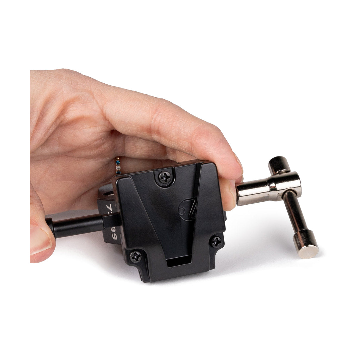 ProMaster V-Mount Clamp — rear view with hand for scale view
