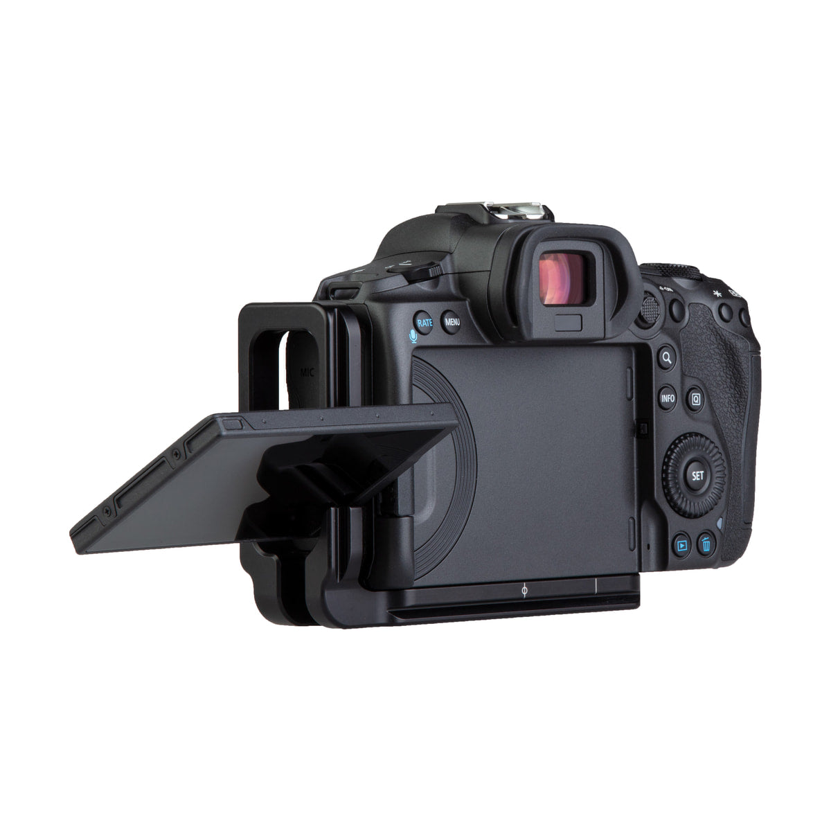 Really Right Stuff L-Bracket for Canon R5, R5 II, R6 & R6 II — rear view on canon camera with screen open view