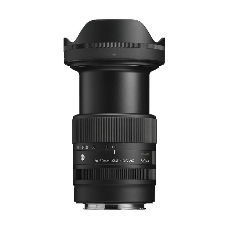 Sigma 20-60mm f/2.8-4 DG Contemporary Lens for Leica / Panasonic L-Mount — extended zoom front view with lens hood view