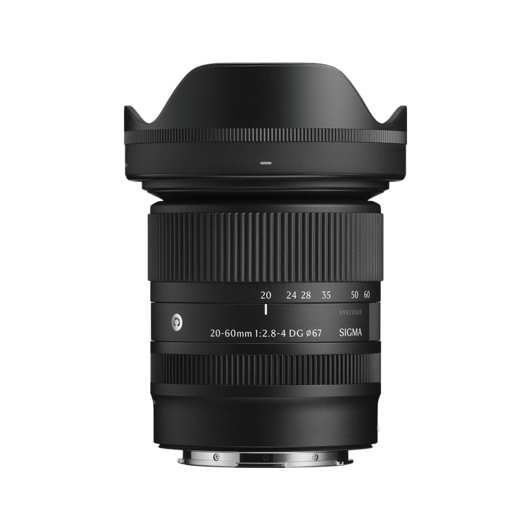 Sigma 20-60mm f/2.8-4 DG Contemporary Lens for Sony FE — front view with lens hood view