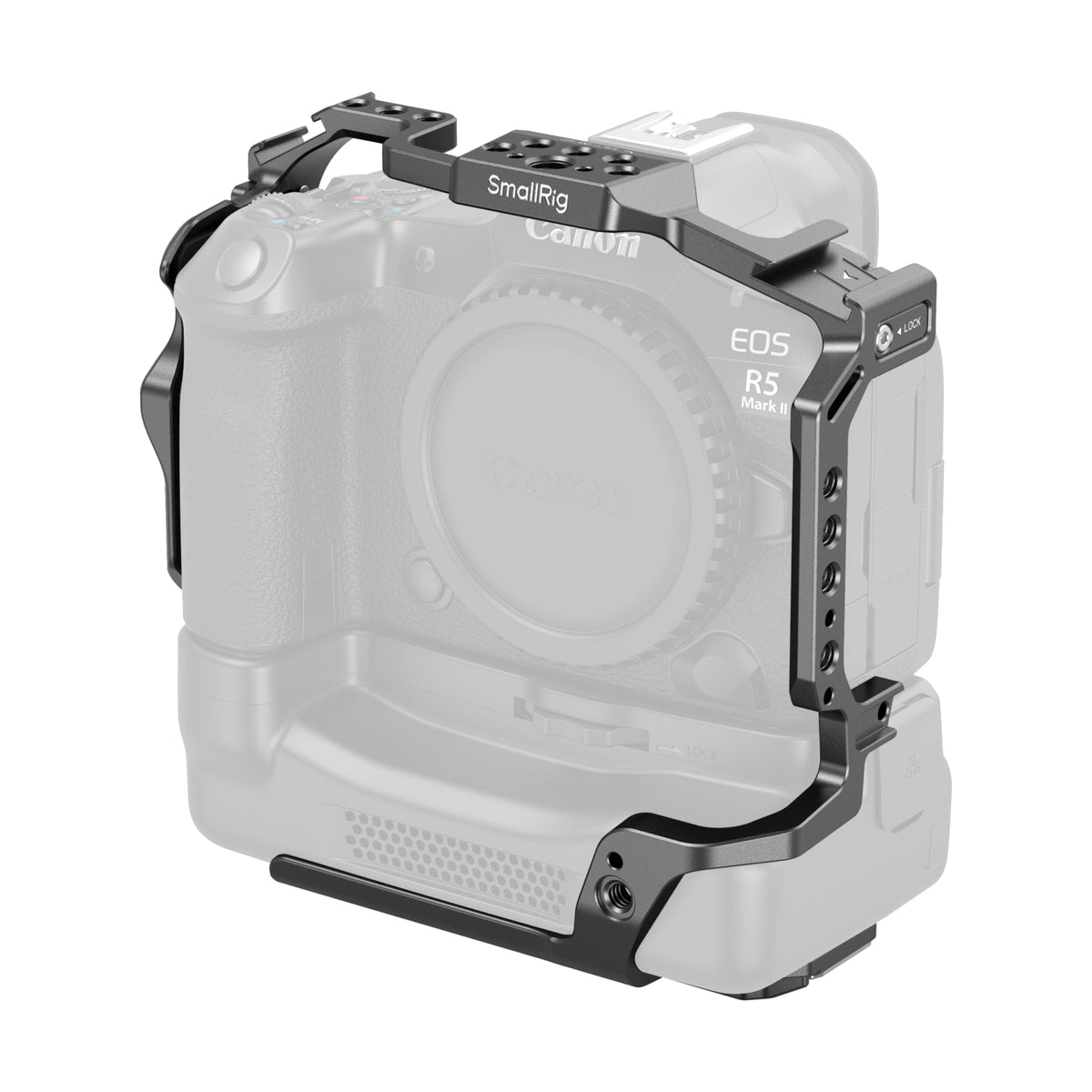 SmallRig Cage for Canon EOS R5 Mark II with CF-R20EP Battery Grip — front right angled cage view fitted to camera with cf r20ep grip view