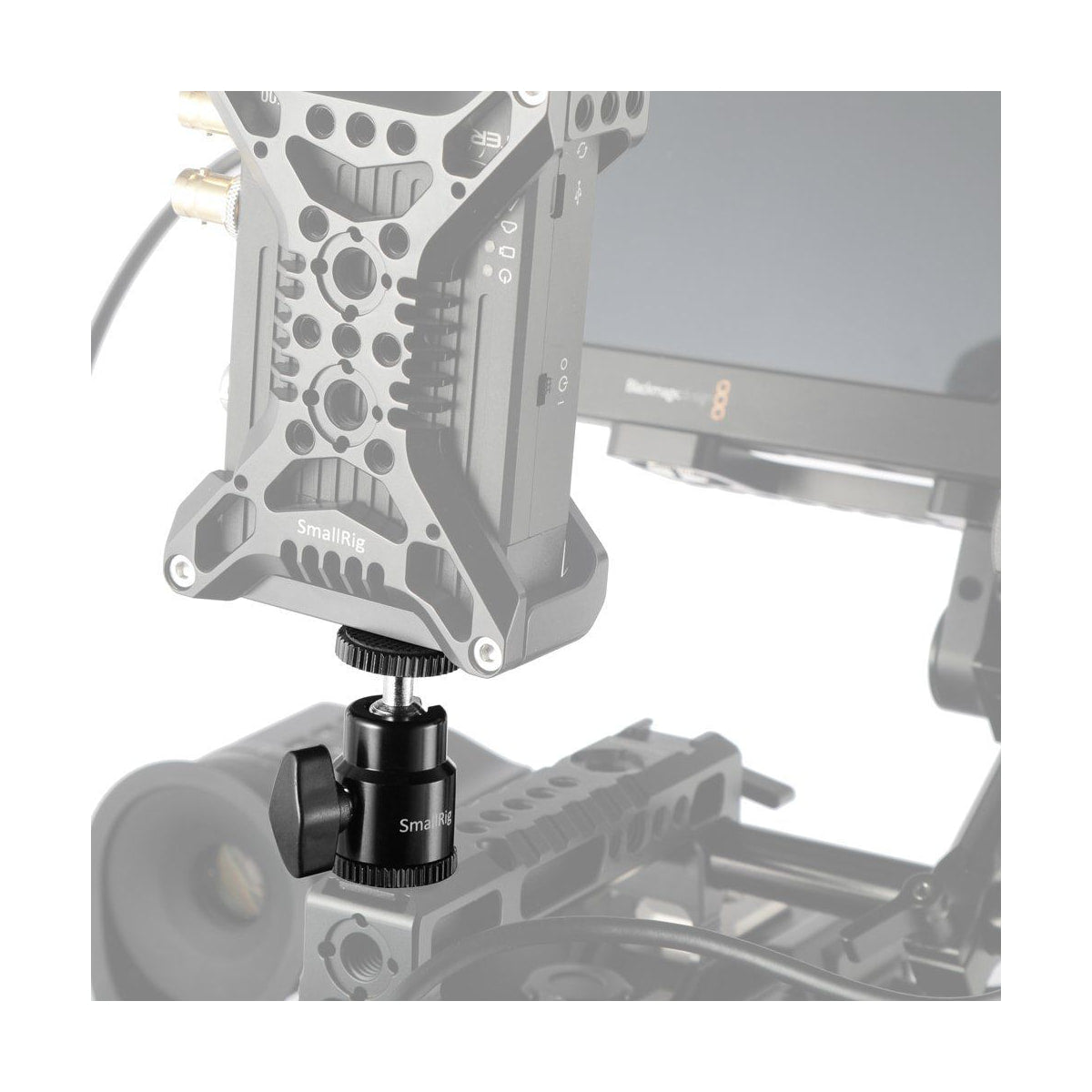 SmallRig Shoe Mount Mini Ballhead (2-pack) — ball head mounted on a camera rig view