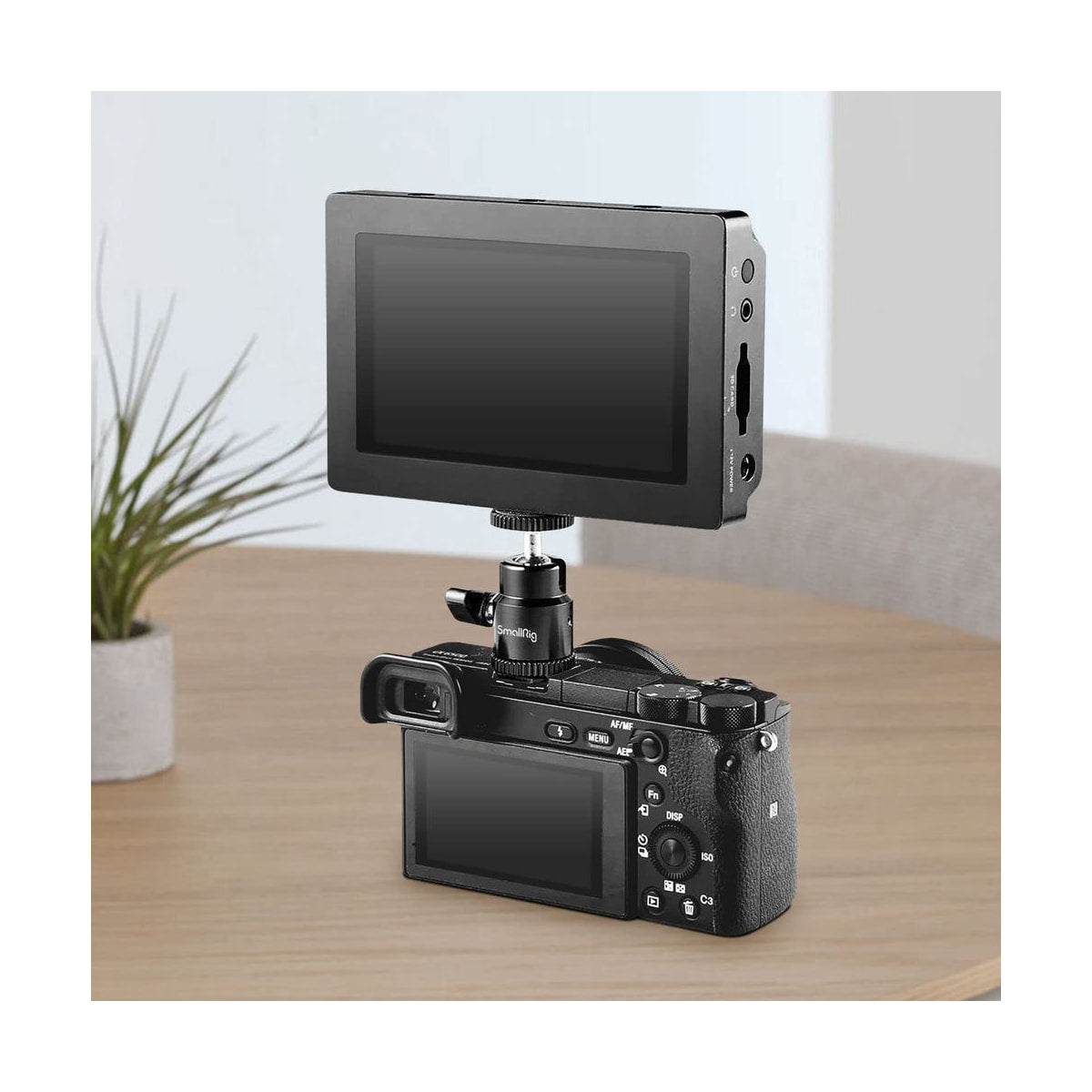 SmallRig Shoe Mount Mini Ballhead (2-pack) — ball head supporting a monitor on a camera view