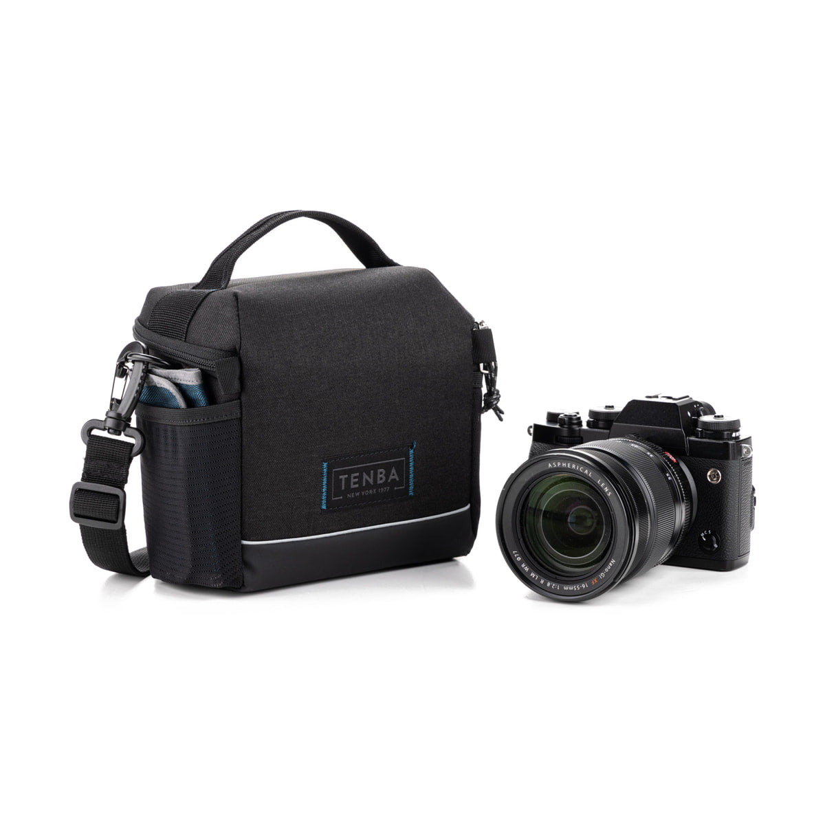 Tenba Skyline v2 7 Shoulder Bag (Black) — front view with camera alongside view