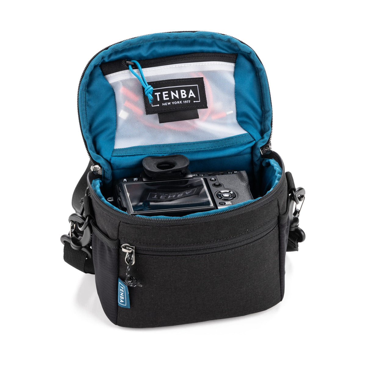 Tenba Skyline v2 7 Shoulder Bag (Black) — open bag with camera inside view