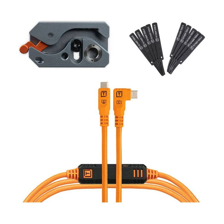 Tether Tools TetherPro Optima LeverLock Plus and Cable Kit 10G USB-C, 15’ Orange - Right Angle — front view