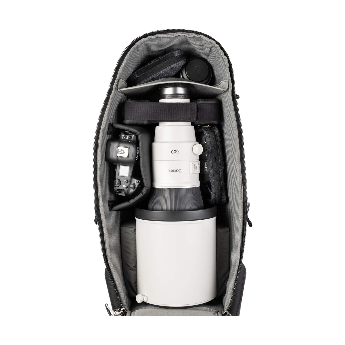 Think Tank BackLight Long Lens Backpack — open backpack top shelf with long lens view