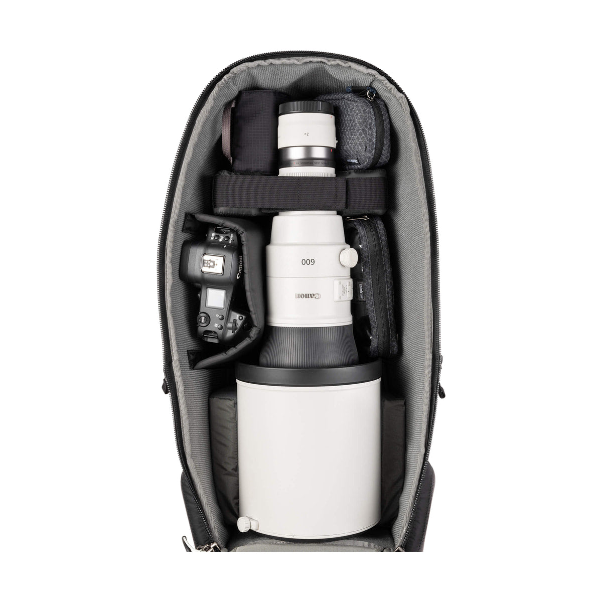 Think Tank BackLight Long Lens Backpack — open backpack with 600mm lens and camera view