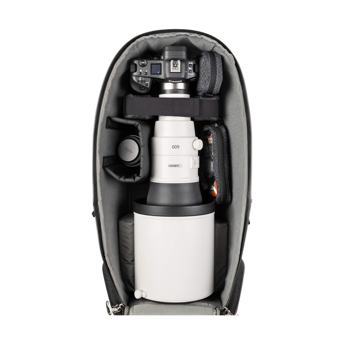 Think Tank BackLight Long Lens Backpack — open backpack with camera and long lens view