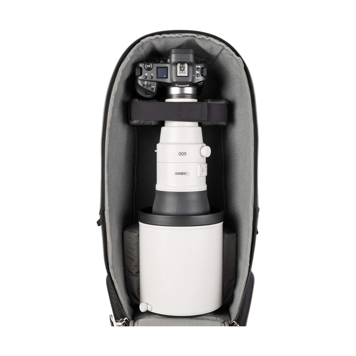 Think Tank BackLight Long Lens Backpack — open backpack with gripped camera and long lens view