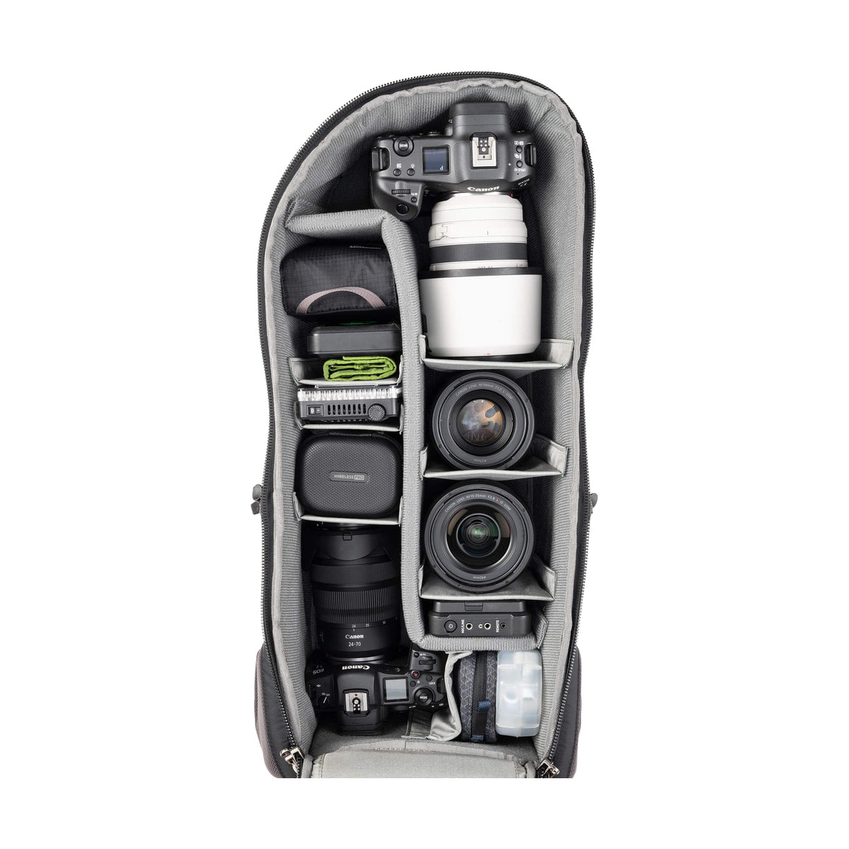 Think Tank BackLight Long Lens Backpack — open backpack with multiple camera bodies and lenses view