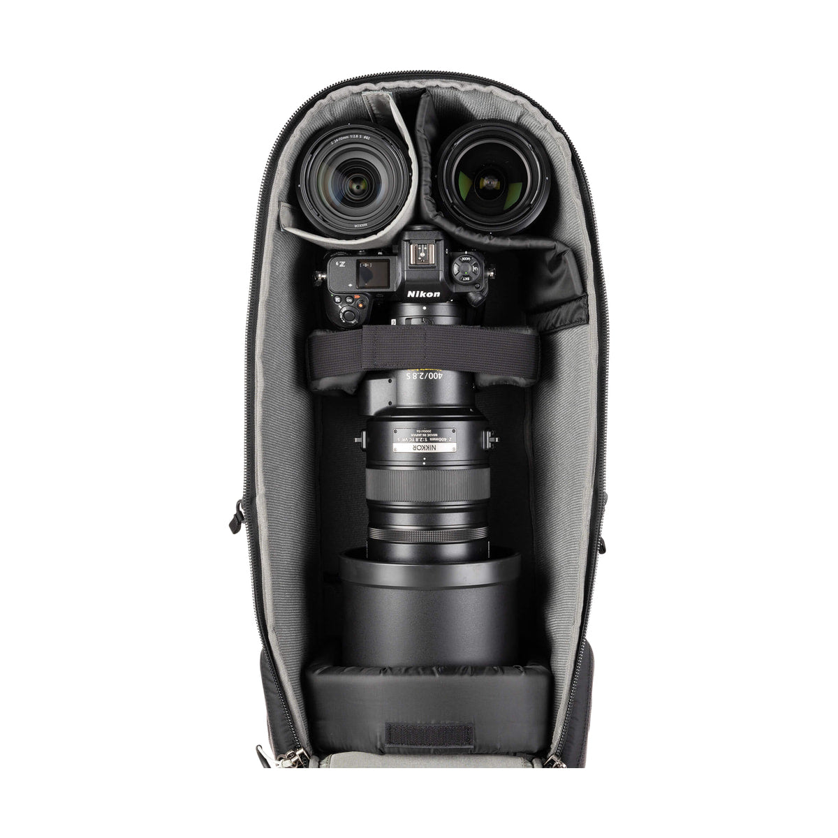Think Tank BackLight Long Lens Backpack — open backpack with nikon camera and lenses view