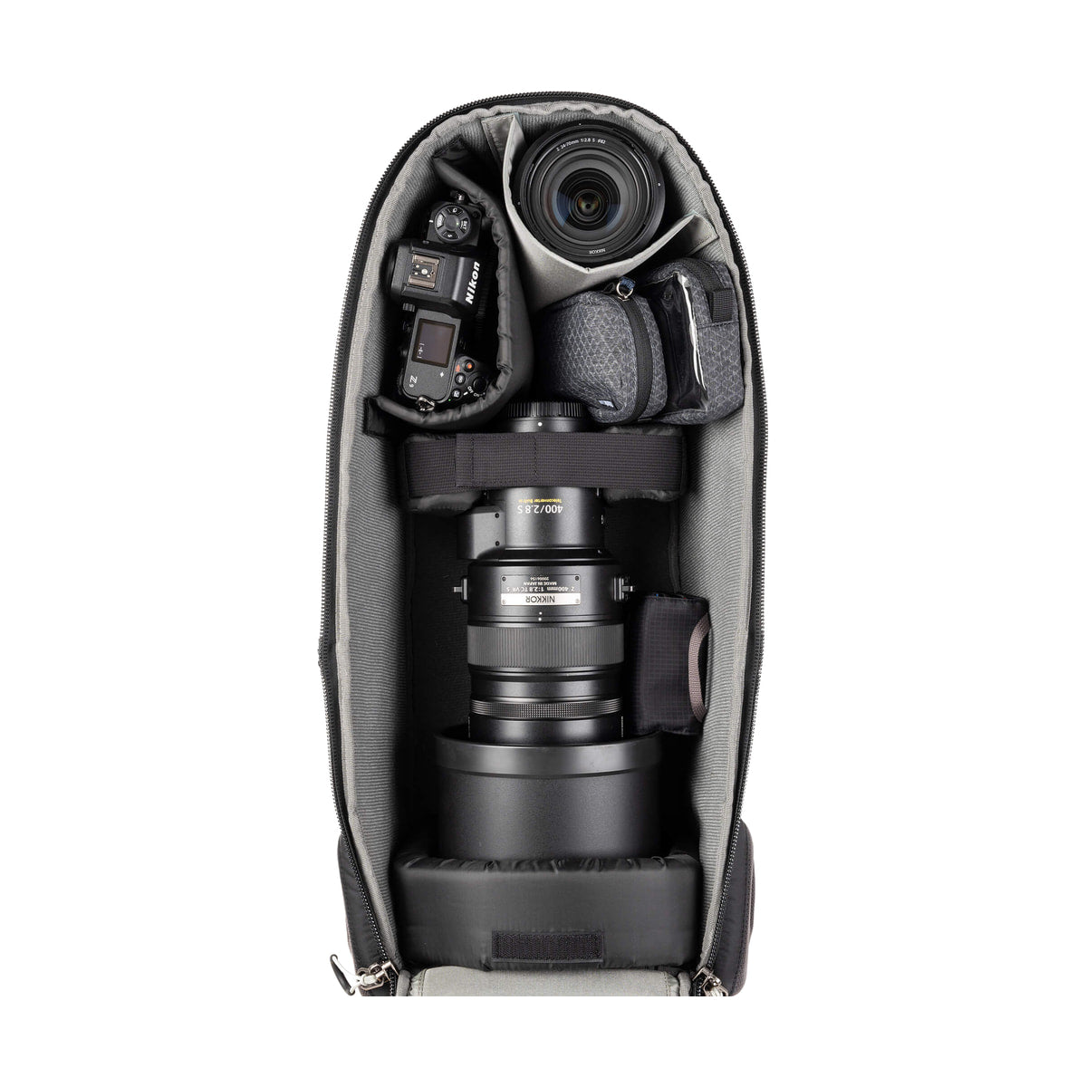 Think Tank BackLight Long Lens Backpack — open backpack with nikon camera and long lens view