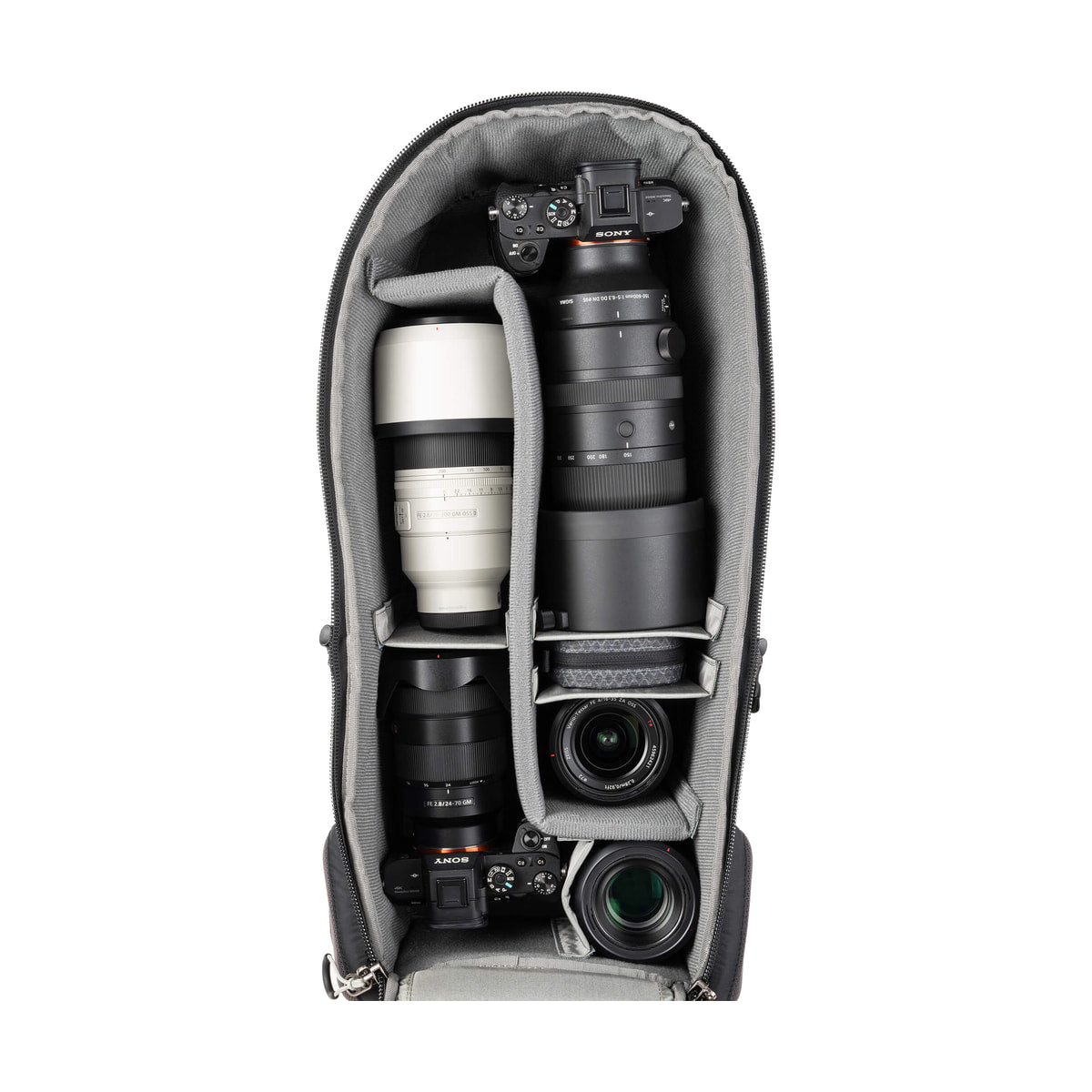 Think Tank BackLight Long Lens Backpack — open backpack with sony camera and long lens view