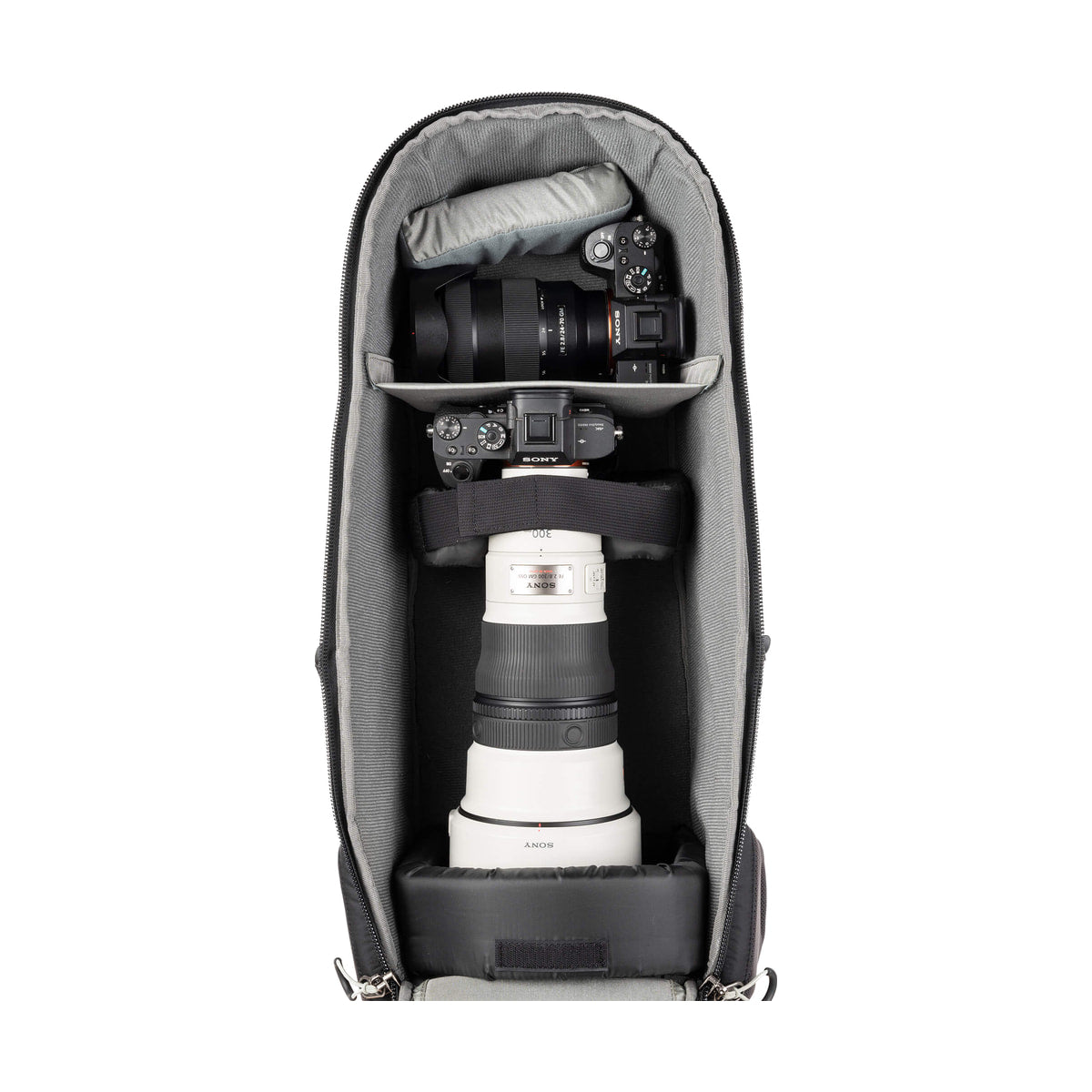 Think Tank BackLight Long Lens Backpack — open backpack with sony cameras and lenses view