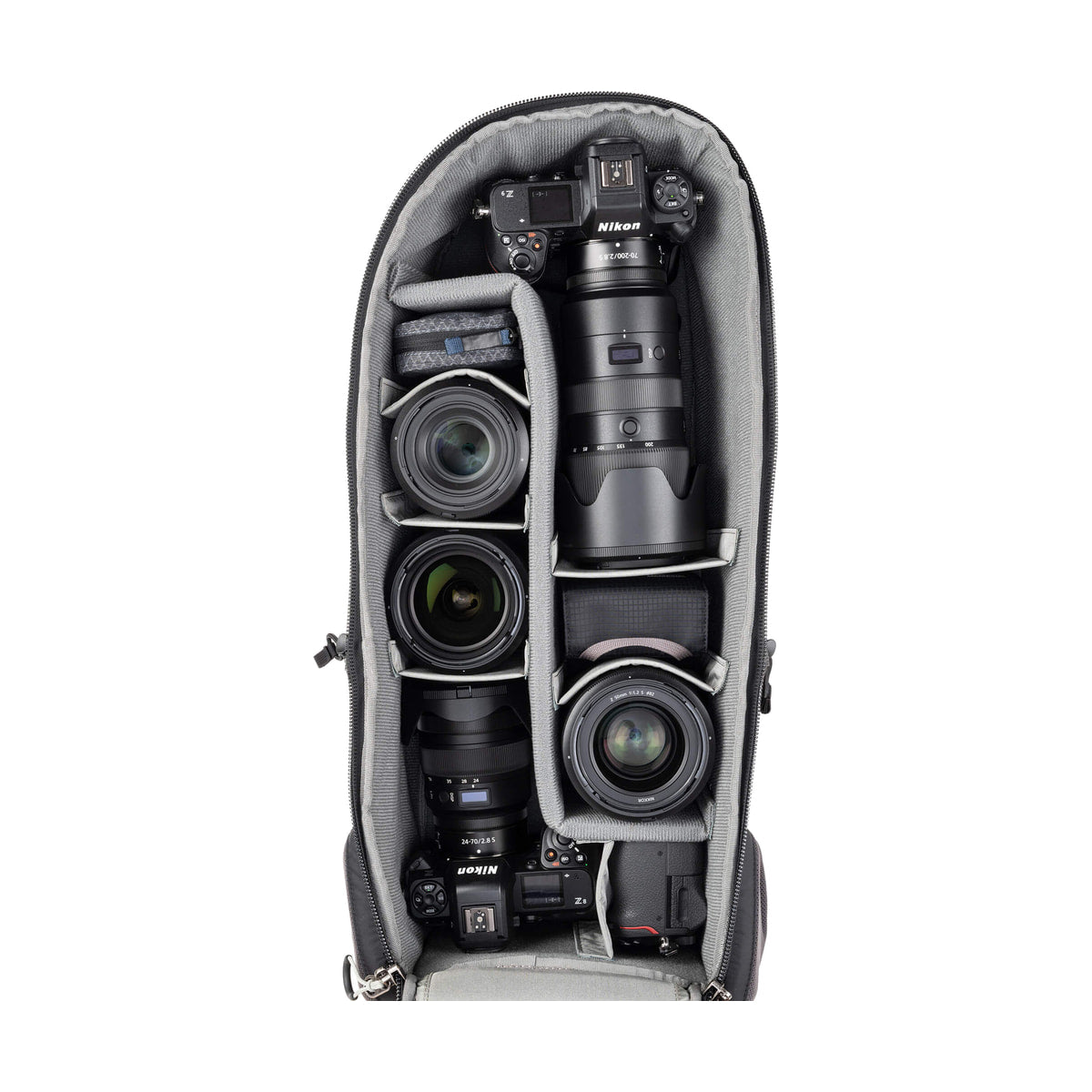 Think Tank BackLight Long Lens Backpack — open backpack with three nikon camera bodies view