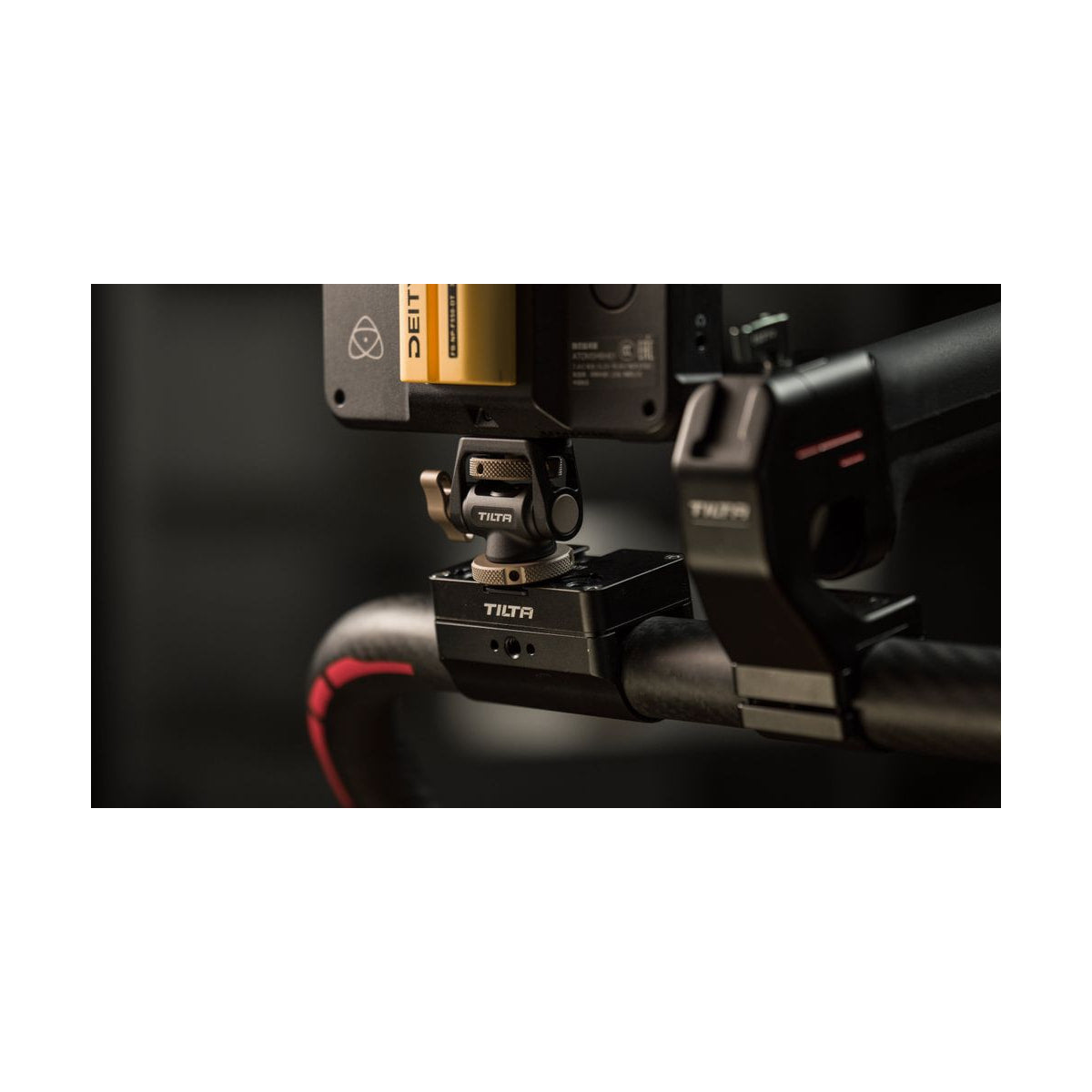 Tilta Adjustable Dual 1/4"-20 Anti-Twist Accessory Mounting Bracket — accessory mounted on a camera rig view