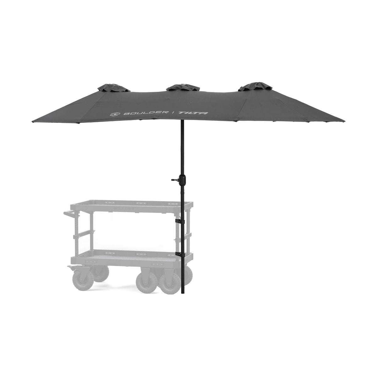 Tilta Extended Umbrella Kit for Boulder Camera Cart (Black) — umbrella kit installed on boulder camera cart view