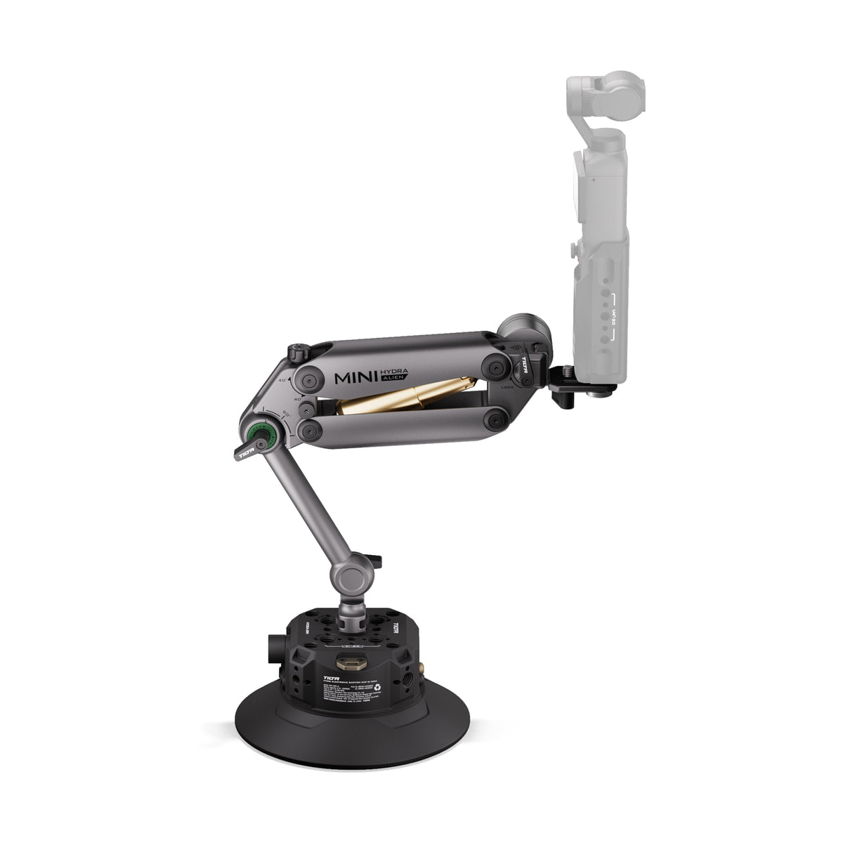 Tilta Hydra Alien Mini Electronic 6" Suction Cup Kit (Titanium Gray) — side product view with camera mounted view