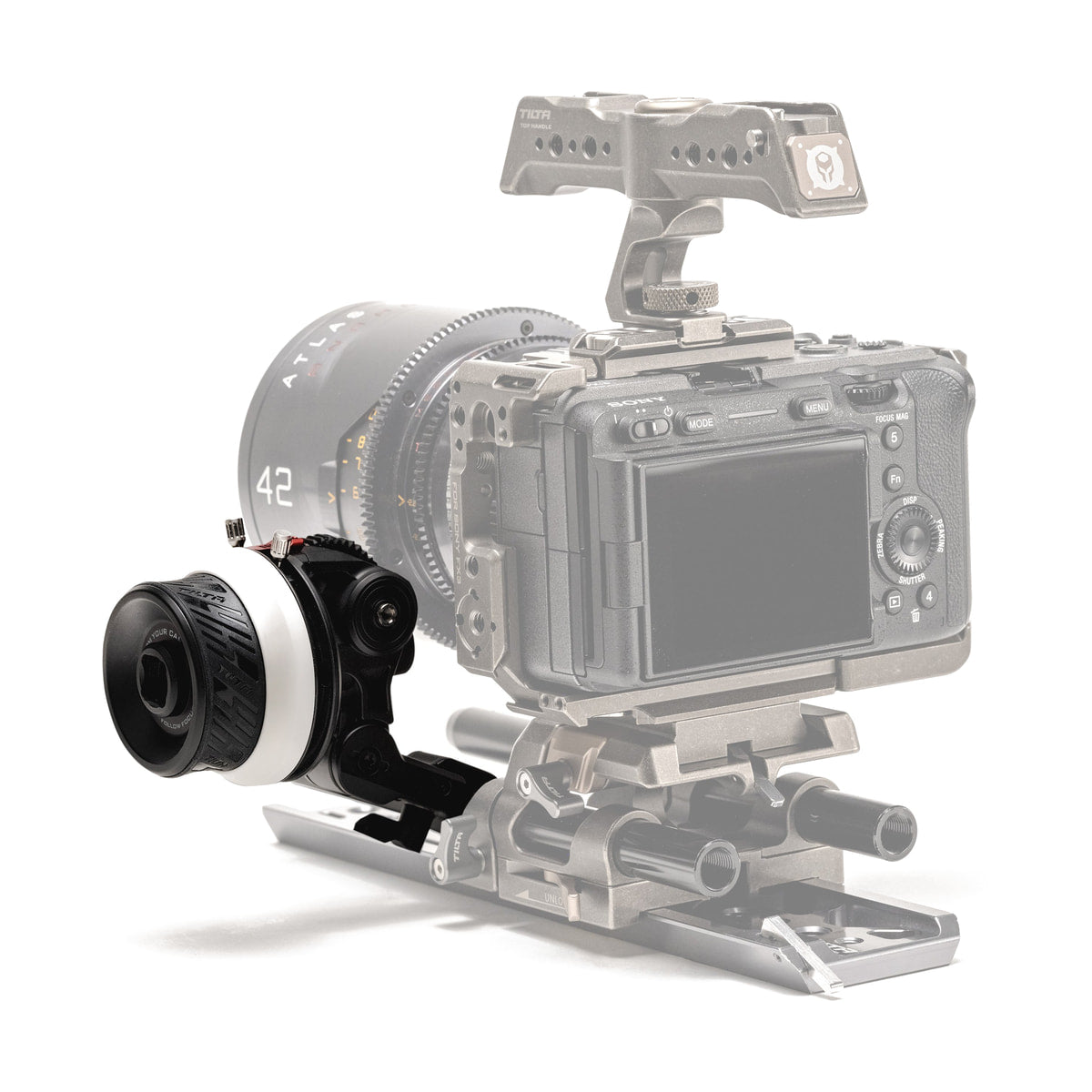 Tilta Pocket Follow Focus — rear view of follow focus on camera rig view