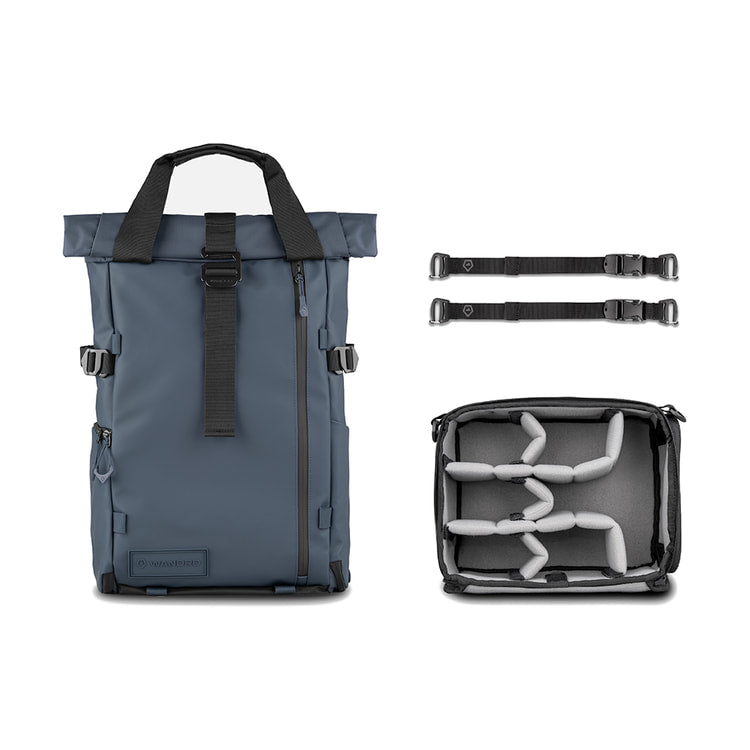 WANDRD PRVKE 21 V4 Backpack w/Photo Bundle (Aegean Blue) — front view with camera cube and accessory straps view