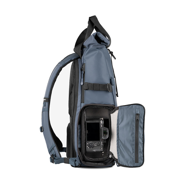 WANDRD PRVKE 31 V4 Backpack w/Photo Bundle (Aegean Blue) — side access view with camera view