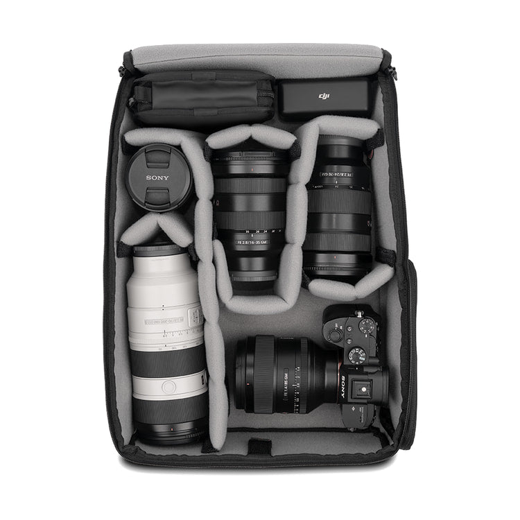 WANDRD PRVKE Camera Cube Pro + (31L) — interior packed with camera gear view