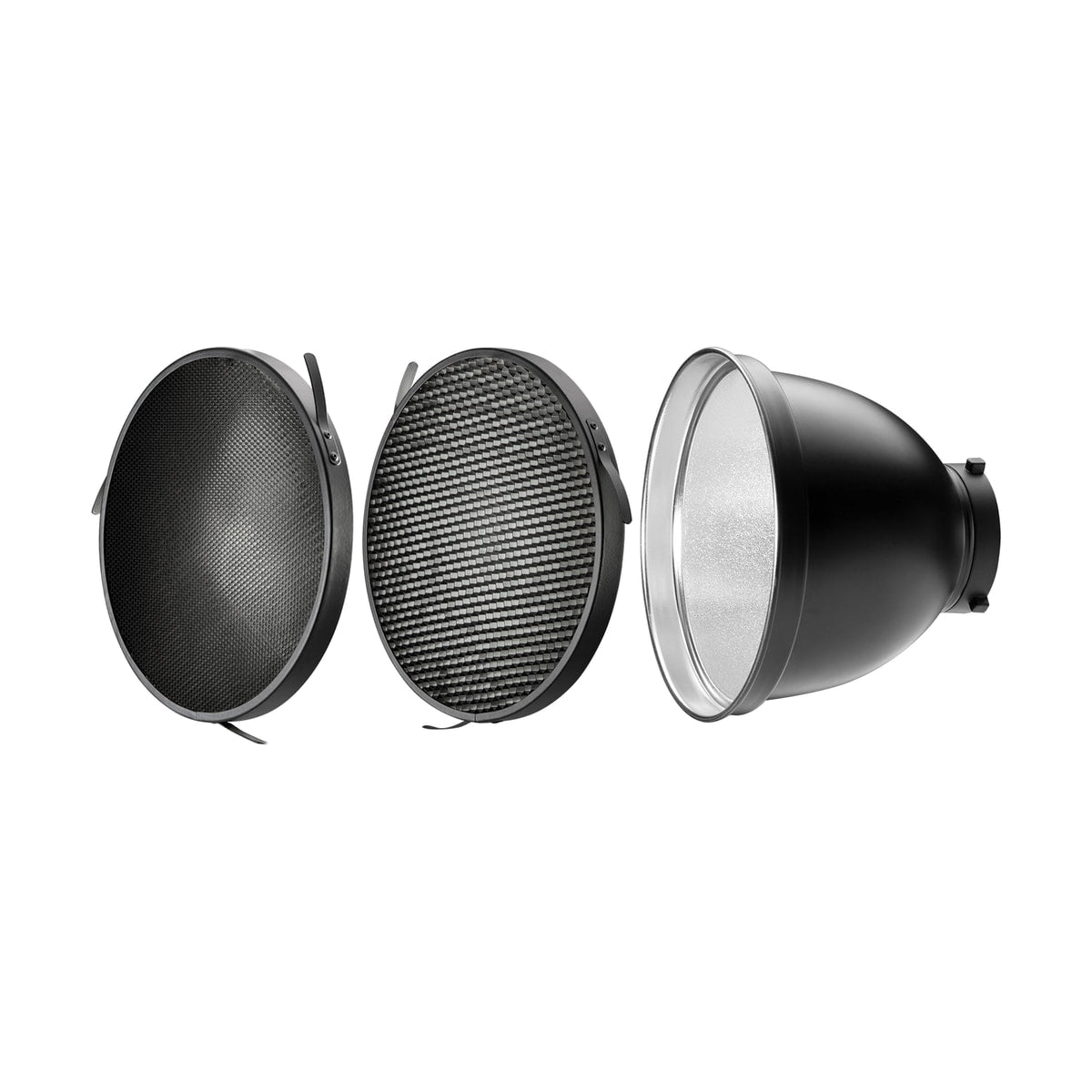 Westcott 70-Degree Wide Reflector with Honeycomb Grids (Bowens Mount) — reflector and two honeycomb grids view