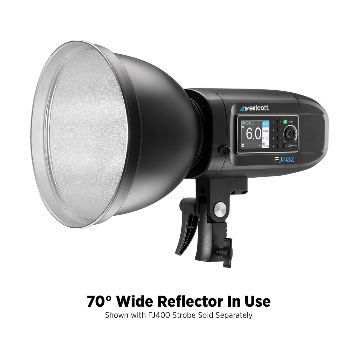 Westcott 70-Degree Wide Reflector with Honeycomb Grids (Bowens Mount) — reflector mounted on strobe diagram view