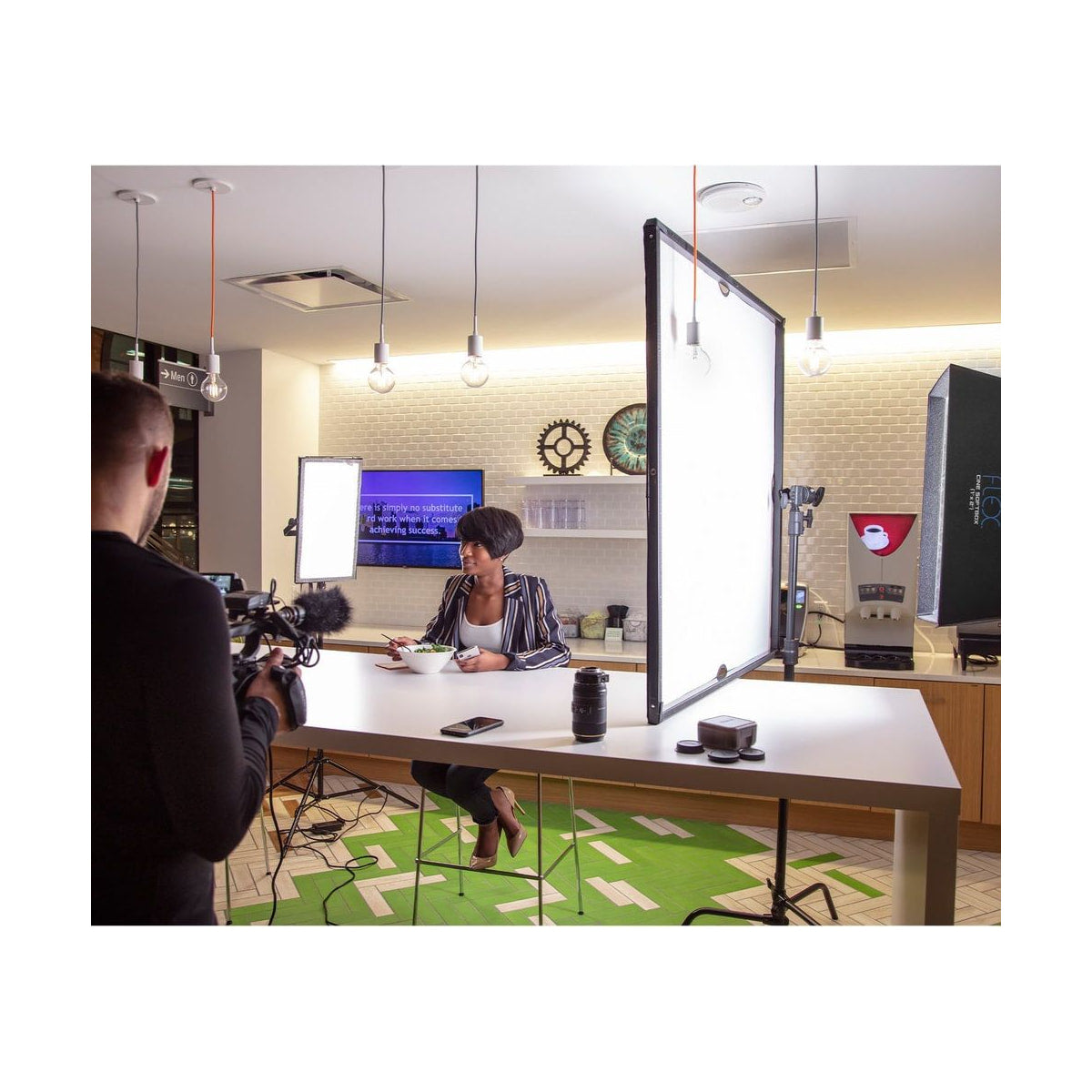 Westcott Scrim Jim Cine 3/4-Stop Diffusion Fabric (4' x 4') — indoor diffusion panel in use view