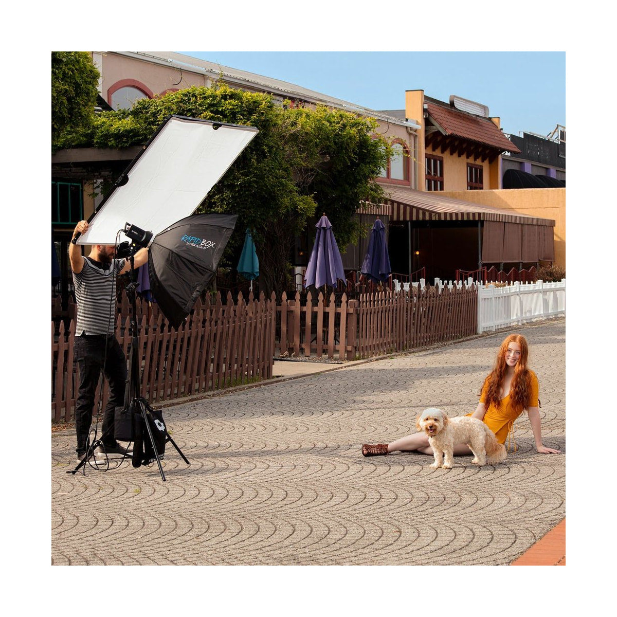 Westcott Scrim Jim Cine 3/4-Stop Diffusion Fabric (4' x 4') — outdoor diffusion panel in use view