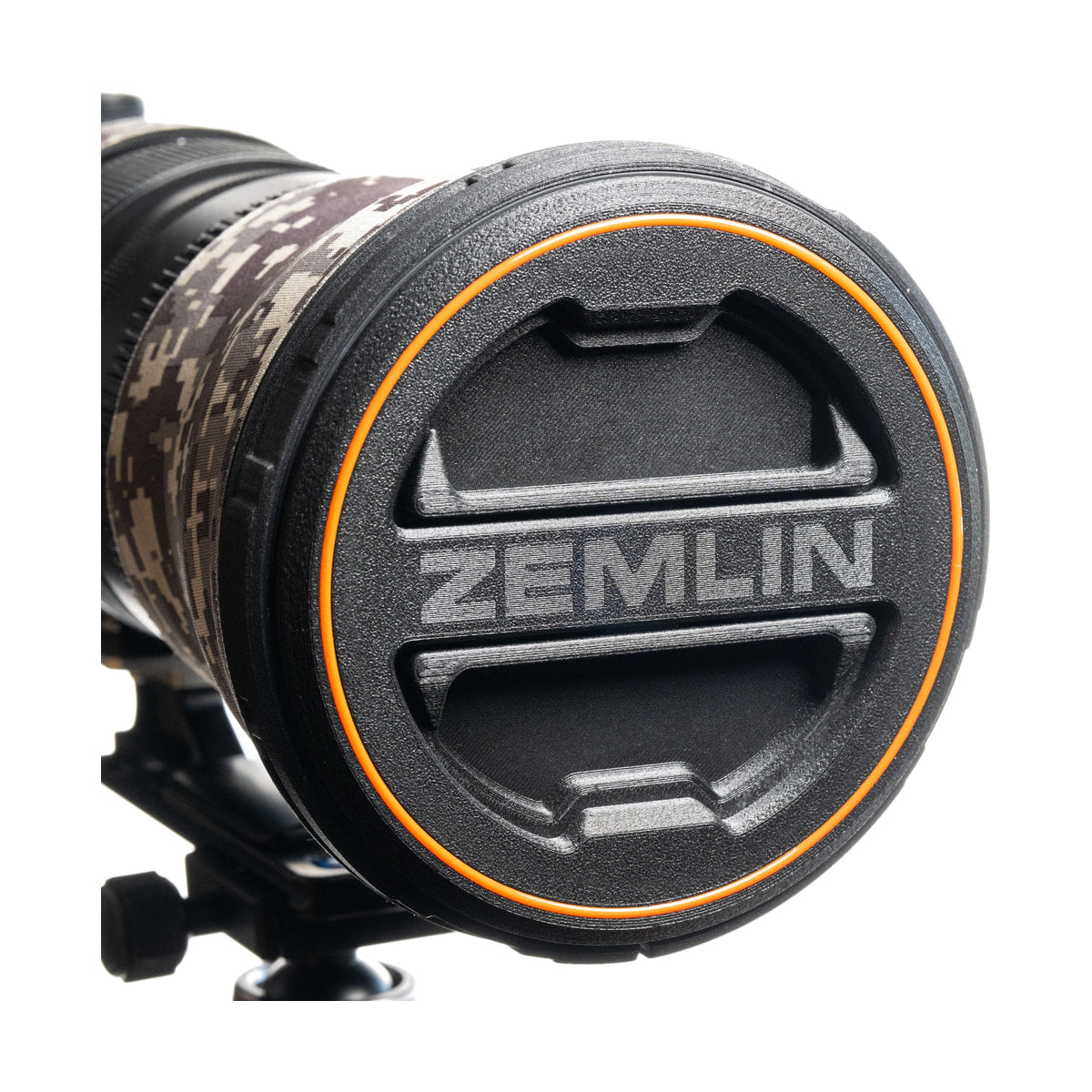 Zemlin Photo Lens cap for Nikon Nikkor Z 800mm f/6.3 VR S - Orange Ring — close front view of lens cap installed on lens view