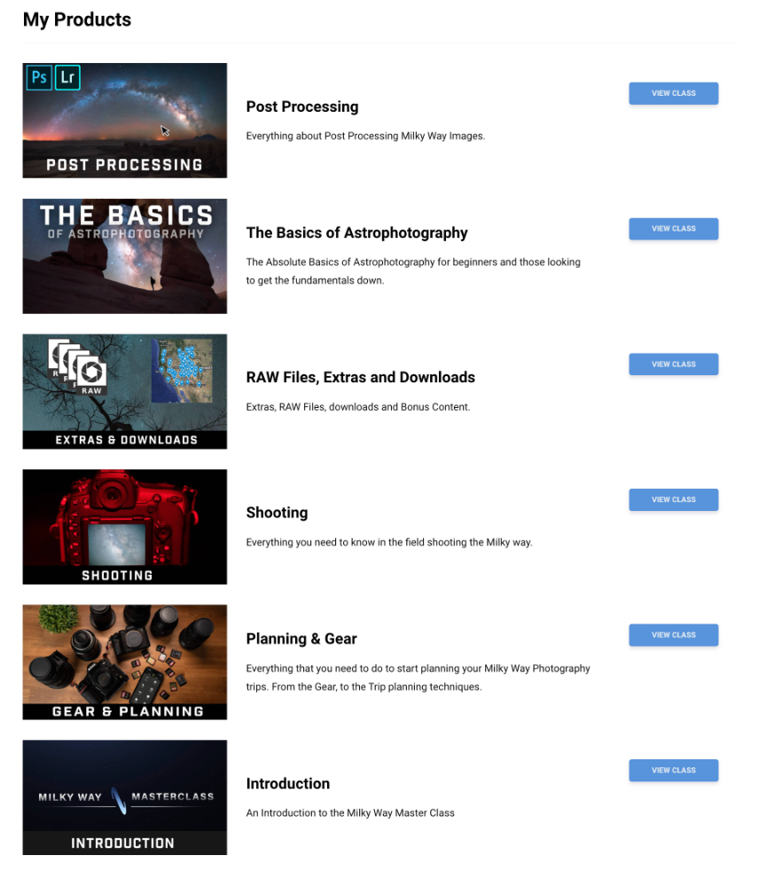 Milky Way Mastercourse curriculum sections